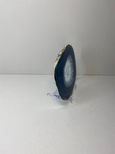Load image into Gallery viewer, Blue polished Agate Slice drink coaster with silver electroplating around the edges