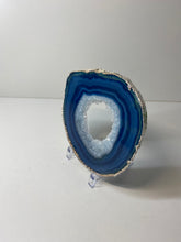 Load image into Gallery viewer, Blue polished Agate Slice drink coaster with silver electroplating around the edges