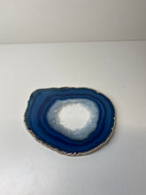 Load image into Gallery viewer, Blue polished Agate Slice drink coaster with silver electroplating around the edges