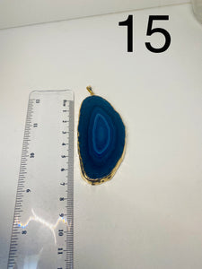 Blue Agate polished slice pendant with Gold Electroplating around the edges - necklace