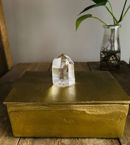 Gold Trinket box with polished clear Quartz Crystal handle