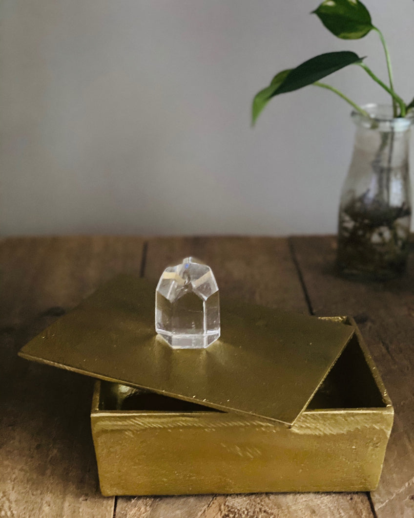Gold Trinket box with polished clear Quartz Crystal handle