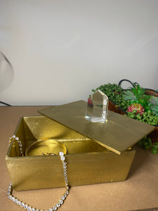 Gold trinket, jewellery or gift box with polished clear Quartz Crystal handle