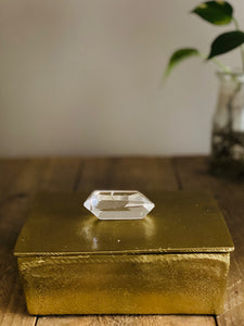 Gold trinket box with double terminated polished Quartz Crystal handle