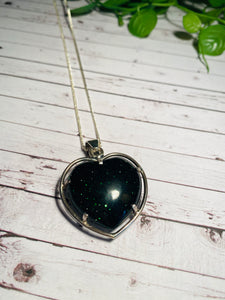 Green Goldstone heart shaped sterling silver pendant - necklace