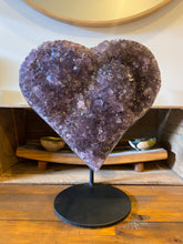 Load image into Gallery viewer, Large Amethyst love heart on black stand