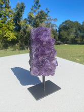 Load image into Gallery viewer, Natural Amethyst Crystal on black display stand -  home décor or unique table piece