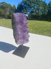 Load image into Gallery viewer, Natural Amethyst Crystal on black display stand -  home décor or unique table piece