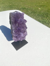 Load image into Gallery viewer, Natural Amethyst Crystal on black display stand -  home décor or unique table piece