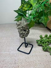 Load image into Gallery viewer, Natural Pyrite on black display stand -  home décor or unique table piece