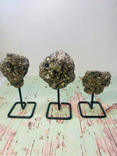 Load image into Gallery viewer, Natural Pyrite on black display stand -  home décor or unique table piece