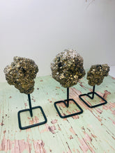 Load image into Gallery viewer, Natural Pyrite on black display stand -  home décor or unique table piece