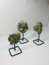 Load image into Gallery viewer, Natural Pyrite on black display stand -  home décor or unique table piece