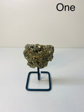 Load image into Gallery viewer, Natural Pyrite on black display stand -  home décor or unique table piece
