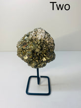 Load image into Gallery viewer, Natural Pyrite on black display stand -  home décor or unique table piece