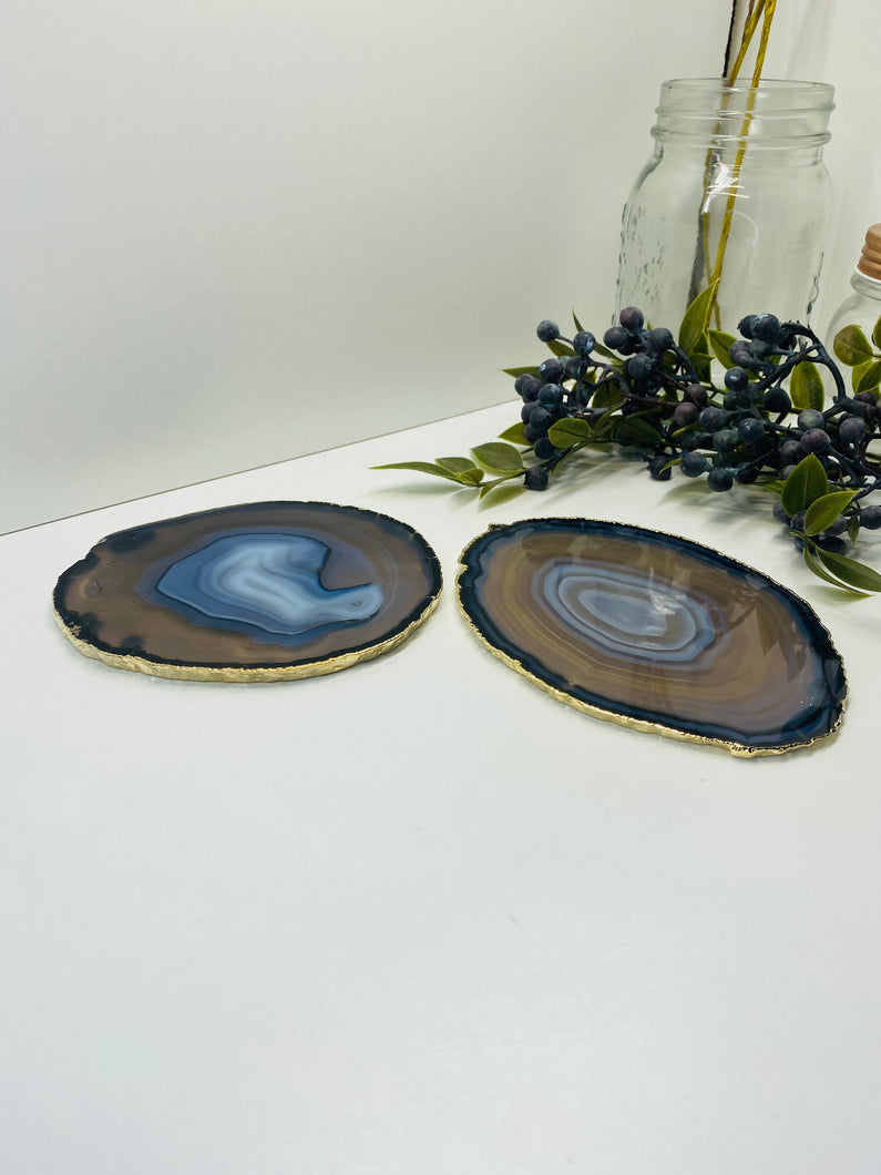 Natural polished Agate Slice drink coasters with Gold Electroplating - Set of 2