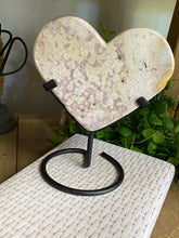 Load image into Gallery viewer, Pink Amethyst Crystal heart on black display stand