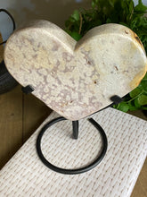Load image into Gallery viewer, Pink Amethyst Crystal heart on black display stand