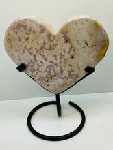 Load image into Gallery viewer, Pink Amethyst Crystal heart on black display stand