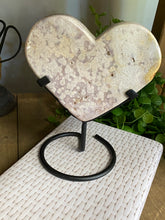 Load image into Gallery viewer, Pink Amethyst Crystal heart on black display stand