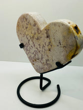 Load image into Gallery viewer, Pink Amethyst Crystal heart on black display stand
