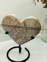 Load image into Gallery viewer, Pink Amethyst Crystal heart on black display stand