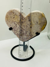 Load image into Gallery viewer, Pink Amethyst Crystal heart on black display stand