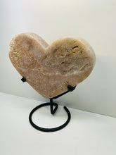 Load image into Gallery viewer, Pink Amethyst Crystal heart on black display stand