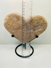 Load image into Gallery viewer, Pink Amethyst Crystal heart on black display stand