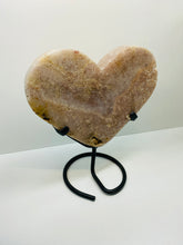 Load image into Gallery viewer, Pink Amethyst Crystal heart on black display stand