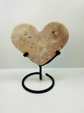 Load image into Gallery viewer, Pink Amethyst Crystal heart on black display stand