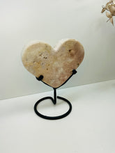 Load image into Gallery viewer, Pink Amethyst Crystal heart on black display stand