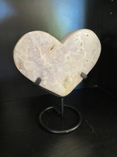 Load image into Gallery viewer, Pink Amethyst Crystal heart on black display stand