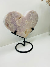 Load image into Gallery viewer, Pink Amethyst Crystal heart on black display stand