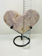 Load image into Gallery viewer, Pink Amethyst Crystal heart on black display stand