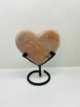 Load image into Gallery viewer, Pink Amethyst Crystal heart on black display stand