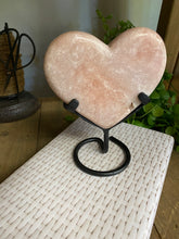 Load image into Gallery viewer, Pink Amethyst Crystal heart on black display stand