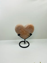 Load image into Gallery viewer, Pink Amethyst Crystal heart on black display stand