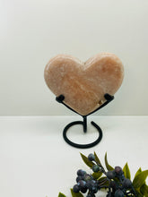 Load image into Gallery viewer, Pink Amethyst Crystal heart on black display stand