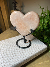 Load image into Gallery viewer, Pink Amethyst Crystal heart on black display stand