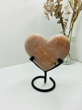 Load image into Gallery viewer, Pink Amethyst Crystal heart on black display stand
