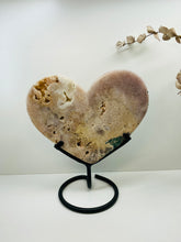 Load image into Gallery viewer, Pink Amethyst Crystal heart on black display stand