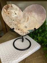 Load image into Gallery viewer, Pink Amethyst Crystal heart on black display stand