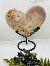 Load image into Gallery viewer, Pink Amethyst Crystal heart on black display stand