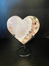Load image into Gallery viewer, Pink Amethyst Crystal heart on black display stand