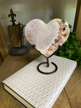 Load image into Gallery viewer, Pink Amethyst Crystal heart on black display stand