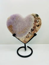 Load image into Gallery viewer, Pink Amethyst Crystal heart on black display stand