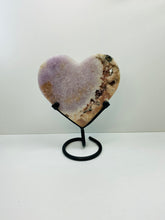 Load image into Gallery viewer, Pink Amethyst Crystal heart on black display stand