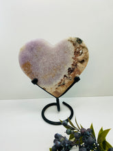 Load image into Gallery viewer, Pink Amethyst Crystal heart on black display stand