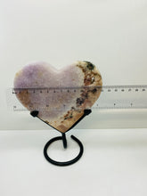 Load image into Gallery viewer, Pink Amethyst Crystal heart on black display stand